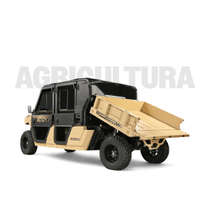 Vehículo utilitario agrícola de color beige con cama de carga inclinada y puertas negras