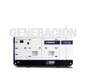 Generador industrial grande de color blanco con detalles azules, montado sobre una base negra
