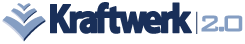 Logotipo de Kraftwerk 2.0 en tonos azul oscuro sobre fondo negro