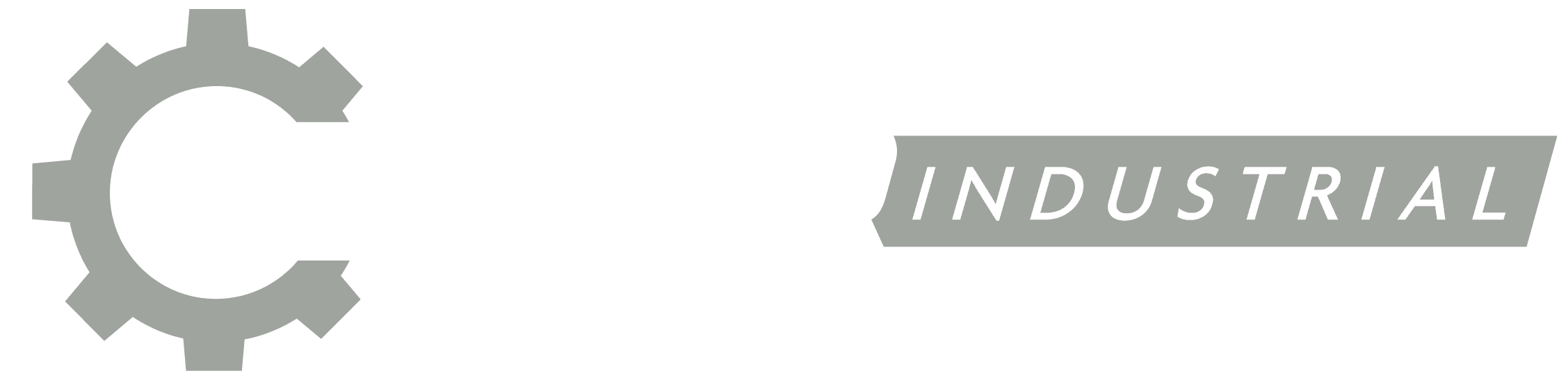 Logotipo de Power Industrial con engranaje gris y texto en blanco que dice 'Power Industrial - Heavy Equipment Sales & Rental'